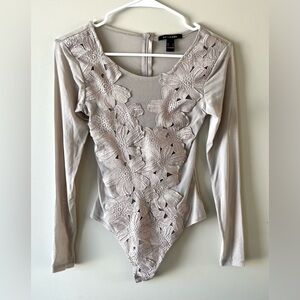 Sheer Mesh Floral Applique Bodysuit -Oyster/Soft Beige -S- whimsigoth festival